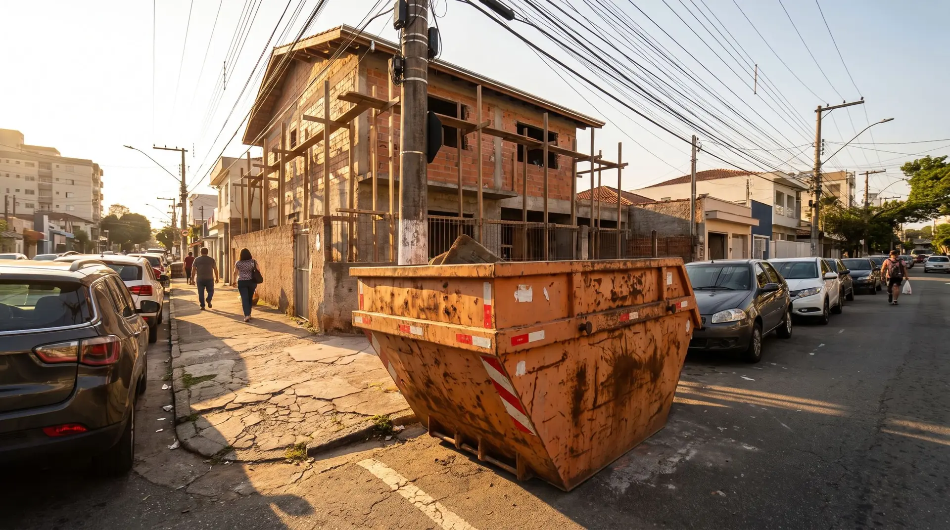 Caçamba laranja estacionada na rua ao lado de uma casa em reforma